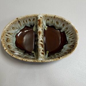 Vintage Divided Brown Drip Glaze Serving Bowl